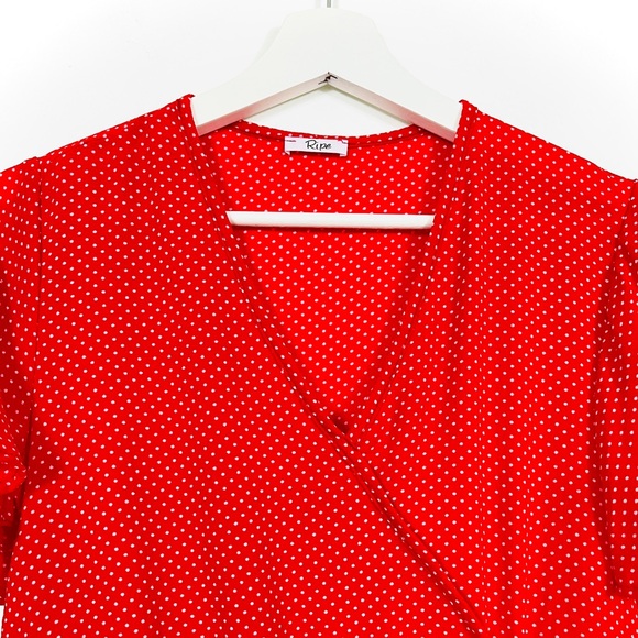 Ripe Red Polka Dot Faux Front Wrap Draped Top - Picture 3 of 5